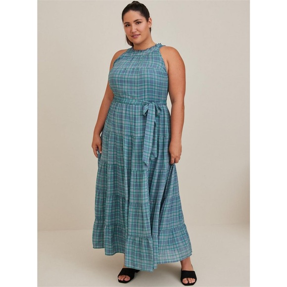 torrid Dresses & Skirts - Torrid Lindsay Tiered Maxi Dress Plus Sz 3X Plaid Multi Sleeveless Belted Ruffle